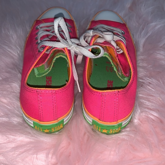 Neon Pink Low Top Converse Double Tongue - Picture 3 of 5